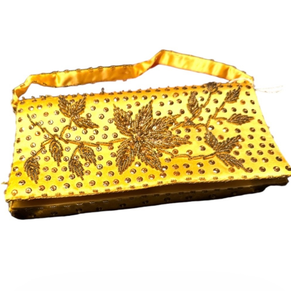 Vintage ~ 1950s ~ Gold ~ Satin ~ Evening Purse ~ Clutch ~ Bag ~ Sequined~Yellow
